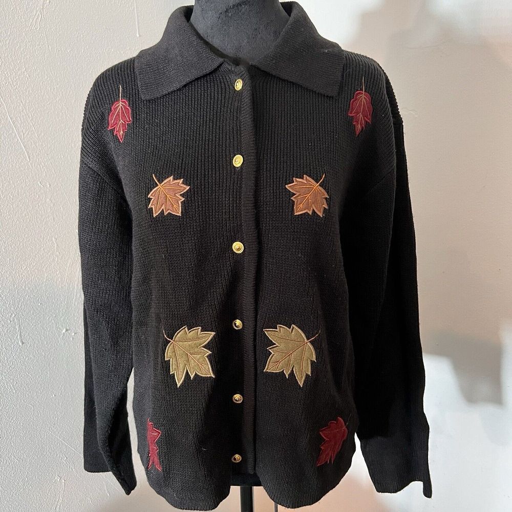 Crystal Kobe Large Black Cardigan Sweater Gold Button Collar Leaves Autumn Fall